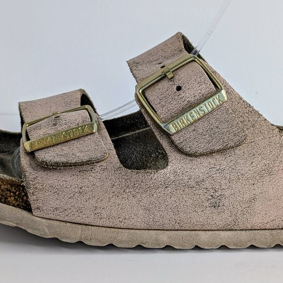 Birkenstock Sandals Arizona EU 40 Pink Gold Flat Slides Leather Open Toe Slip On - Picture 3 of 15